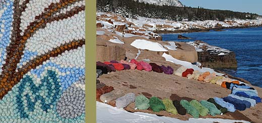 Melina White logo and rug-hooking wool